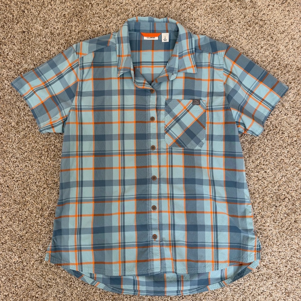 L.L. Bean Women's S Plaid Short Sleeve Button Front Shirt Blue Orange Outdoors